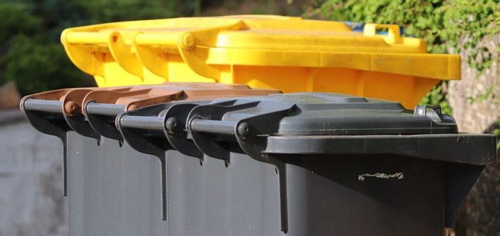 garbage cans, waste disposal, yellow bin
