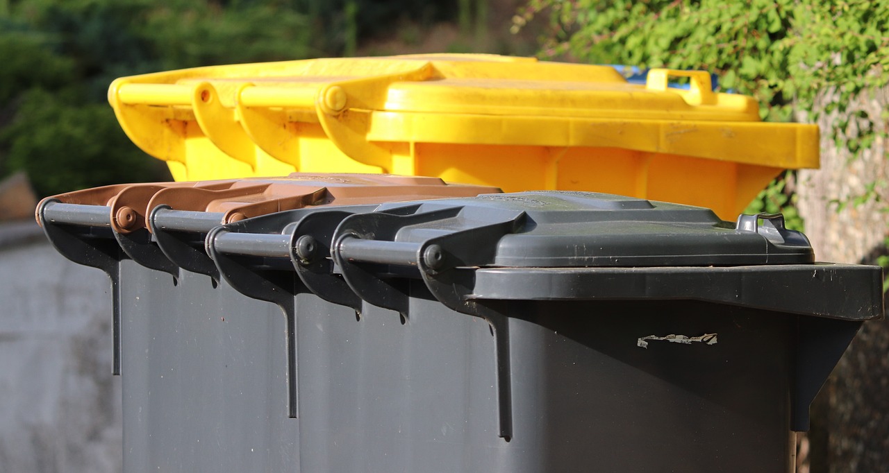 garbage cans, waste disposal, yellow bin